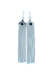 Black Gem Accent Long Tassel Silver Earrings